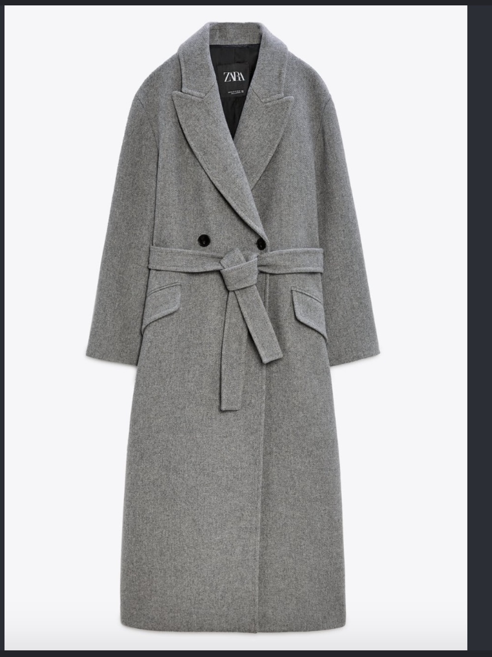 Zara Long Gray Wool-Blend Belted Trench Coat